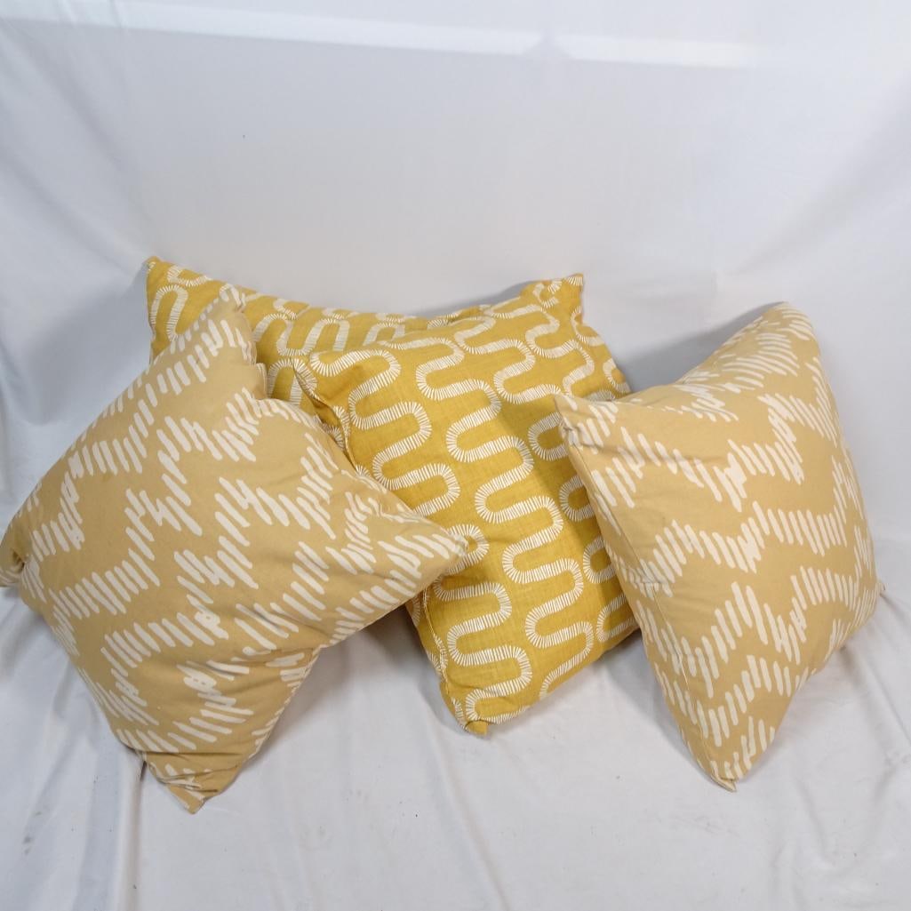 Lot of 4 Canaan Company Decorative Pillows: Stylish set of three decorative accent pillows made by Canaan Company, featuring modern yellow and white geometric patterns. The warm mustard-yellow tones paired with crisp white designs create a fres