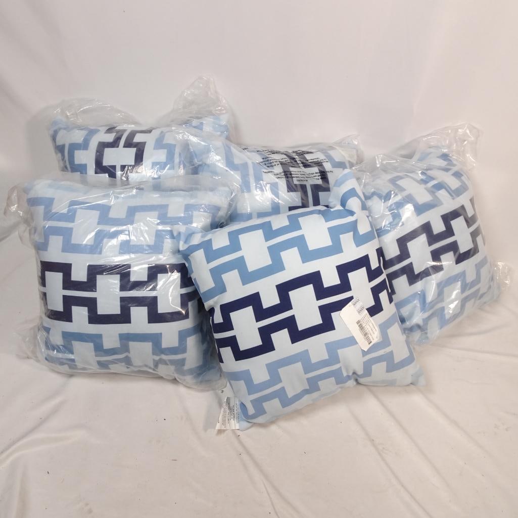 Lot of 5 Outdoor Decorative Pillows: Set of five matching decorative outdoor pillows featuring a modern blue geometric pattern in shades of navy, light blue, and white. The bold contemporary design makes these pillows perfect for adding