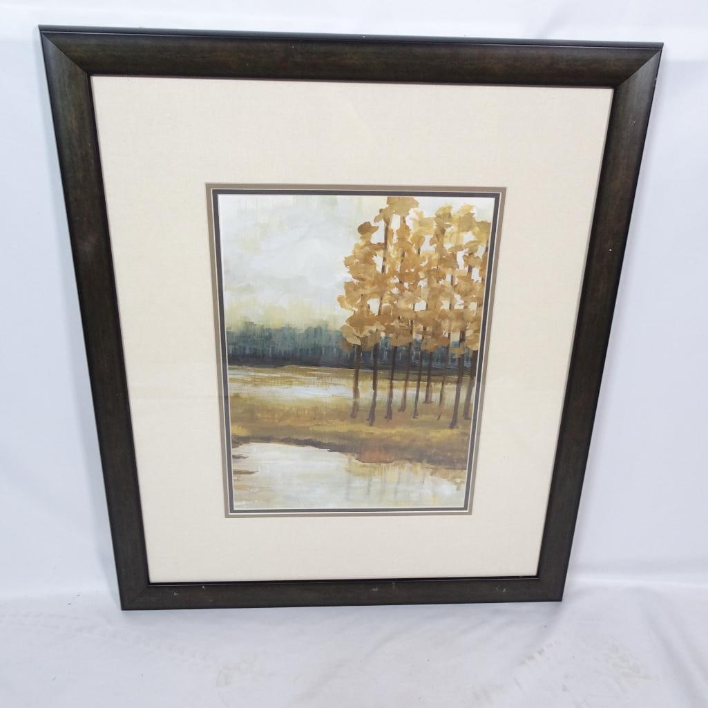 Large Framed Landscape Wall Art: Beautiful framed landscape wall art titled ?Etoile II? by Made On Earth. This serene autumn scene features golden trees reflected along a calm lakeside with soft neutral sky and muted green horizon. W