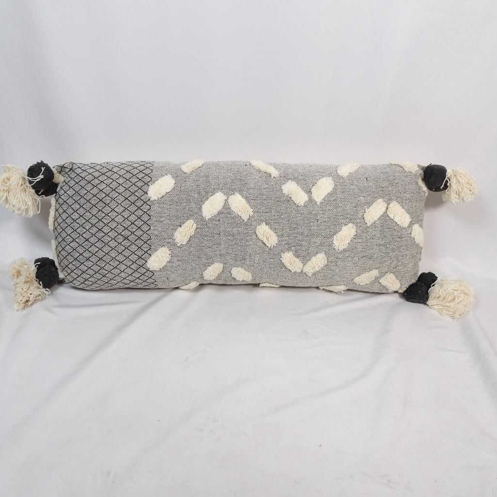 Boho Decorative Lumbar Pillow with Tassels: Stylish boho-style lumbar decorative pillow featuring beautiful textured fabric and decorative tassels on each corner. The neutral gray and cream color palette makes it a perfect accent piece for many