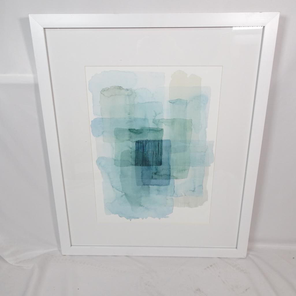 Framed Abstract Watercolor Artwork Blue Green Tones Modern Minimalist Wall Art: Beautiful framed abstract watercolor artwork featuring soft layered shapes in calming blue and green tones. This modern minimalist piece is professionally matted and framed in a white frame, ready to