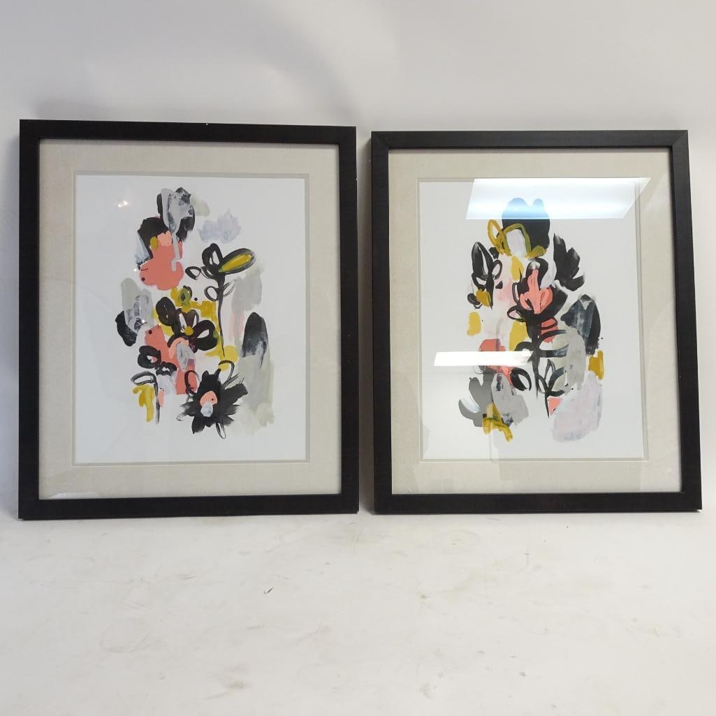 Modern Contemporary Wall Art: Beautiful set of two modern abstract floral framed prints featuring expressive brushstroke designs in black, coral, soft yellow, and neutral tones. These contemporary pieces bring a stylish artistic