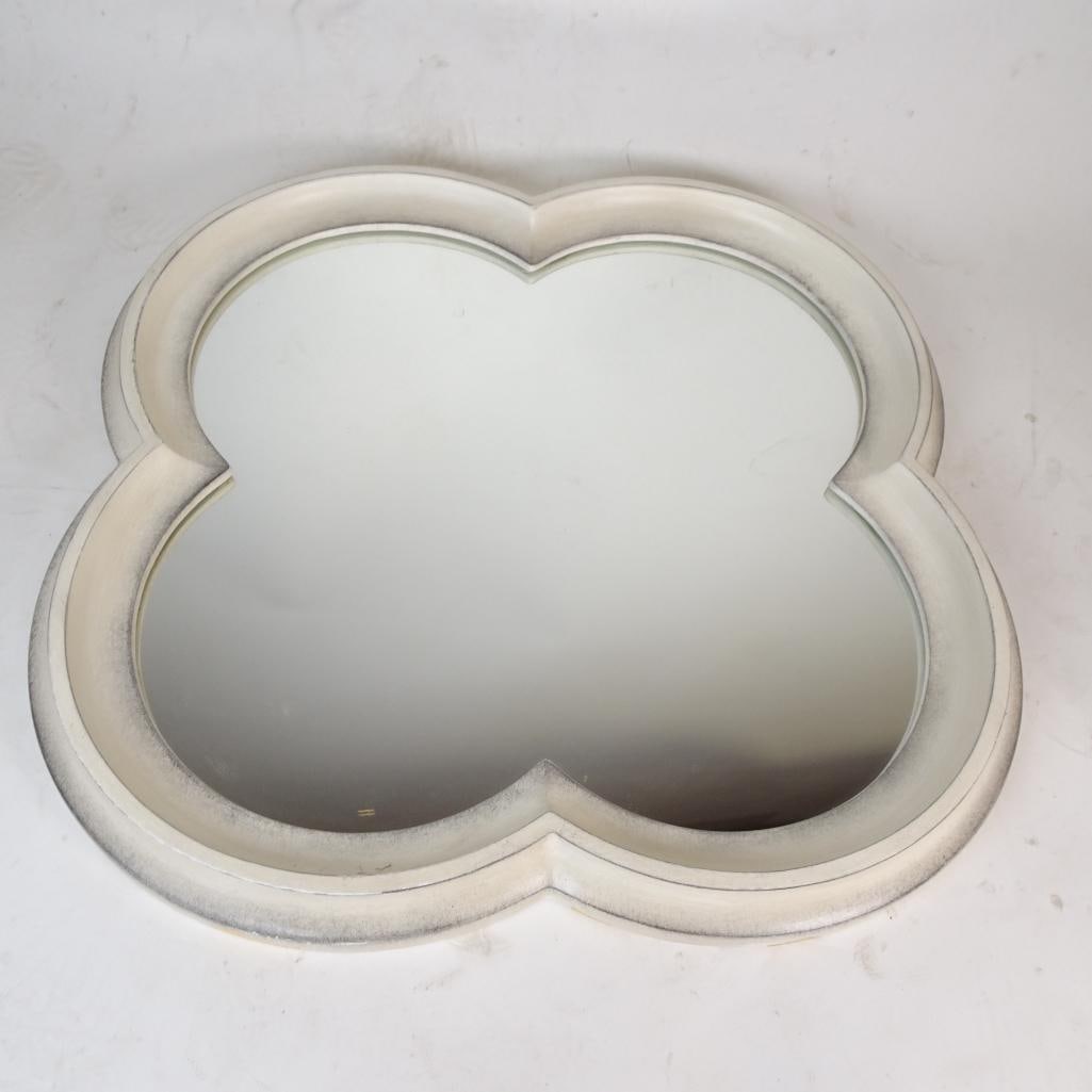 Farmhouse Cottage Accent Mirror: Decorative quatrefoil-shaped wall mirror featuring a distressed white frame with soft vintage-style shading. This elegant accent mirror blends beautifully with farmhouse, cottage, shabby chic, or