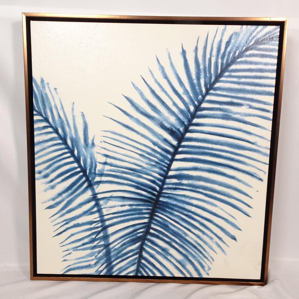 Large Framed Blue Palm Leaf Wall Art: Beautiful large framed artwork featuring a blue palm leaf design in soft watercolor style. The neutral background with deep blue tones creates a calm, coastal-inspired look perfect for modern