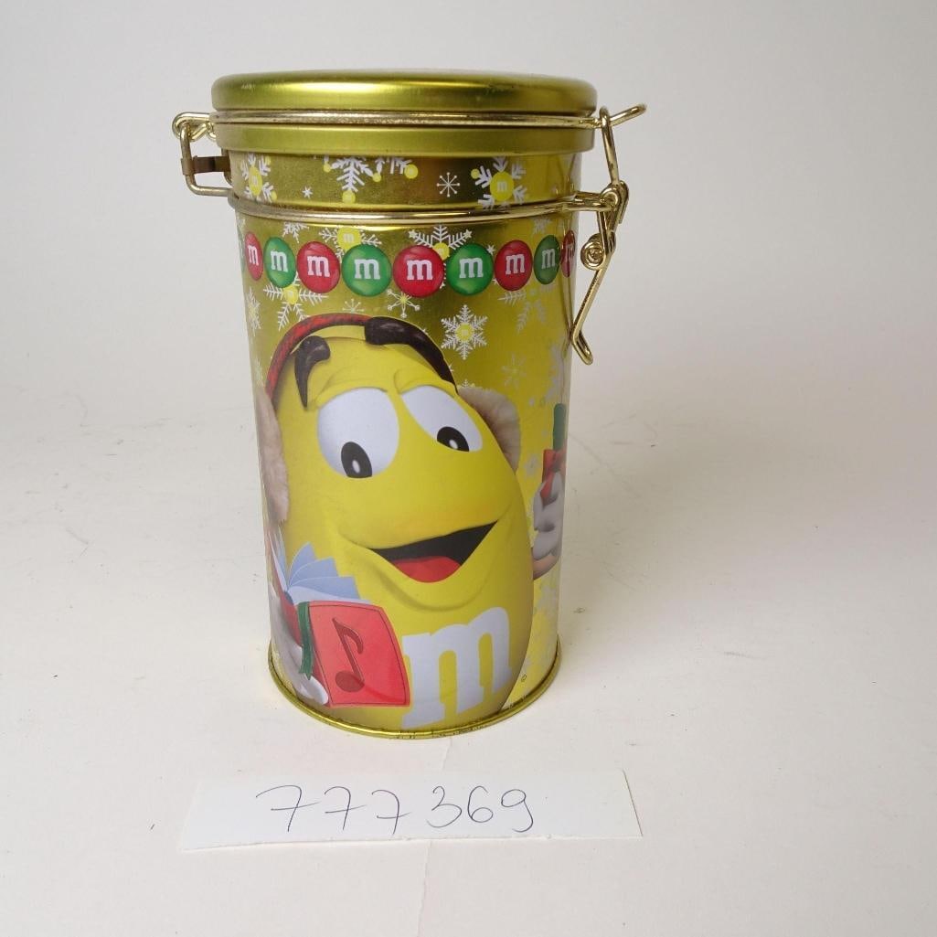 M&M's Christmas Holiday Metal Tin with Clamp Lid: Original M&M's Christmas-themed metal tin featuring a festive holiday design with classic M&M characters. The tin comes with a secure clamp-style lid, making it perfect for storing cookies, candy,