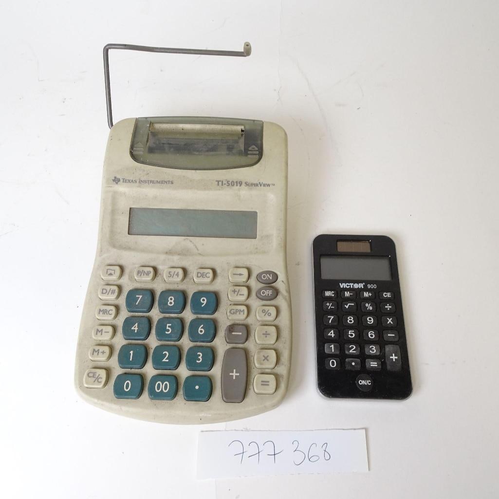 Vintage Calculator Lot: Vintage calculator lot featuring two classic calculators: Texas Instruments TI-5019 SuperView - large desktop calculator with tilt display and mechanical paper holder arm. Victor 900 - compact