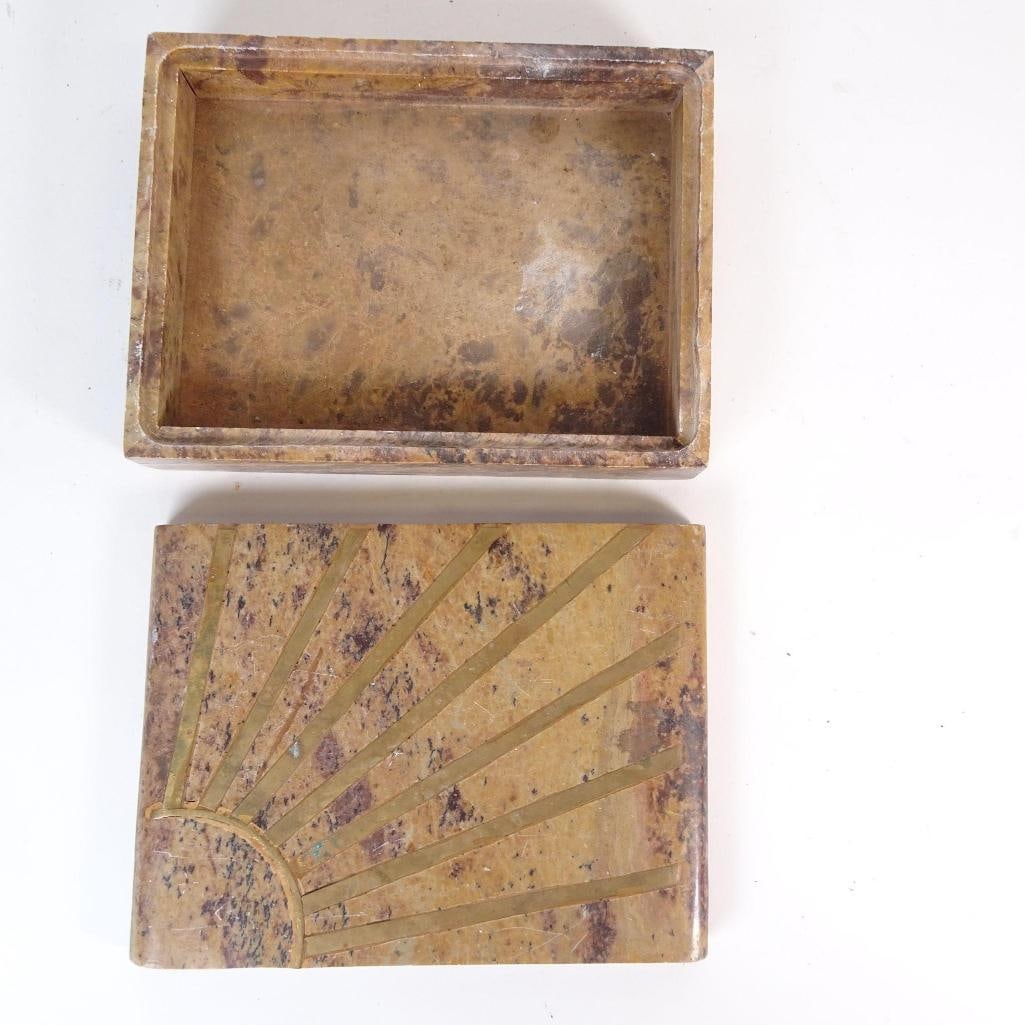 Art Deco Marble Box w/ Brass Inlay: Elegant Art Deco stone box featuring a striking brass sunburst inlay design. Crafted from natural stone (onyx / marble / alabaster - exact type unmarked) with beautiful veining and warm tones. The box