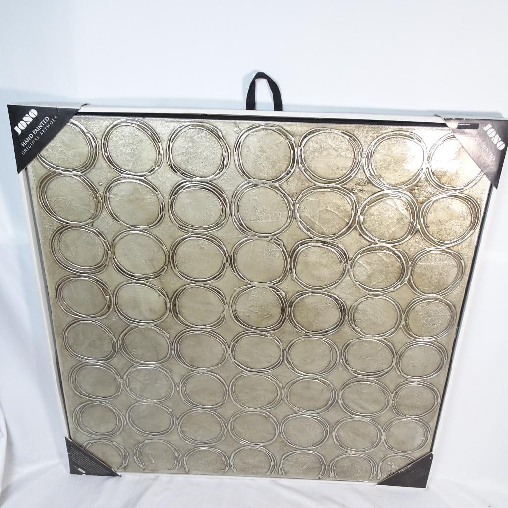 JONO Hand Painted Original Artwork ?Circling: Beautiful hand painted wall artwork by JONO titled ?Circling.? This modern decorative piece features repeating circular patterns layered over a textured metallic background, creating depth and visual