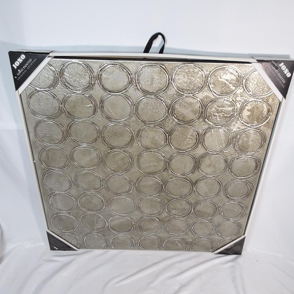 JONO Hand Painted Original Artwork ?Circling: Beautiful hand painted wall artwork by JONO titled ?Circling.? This modern decorative piece features repeating circular patterns layered over a textured metallic background, creating depth and visual
