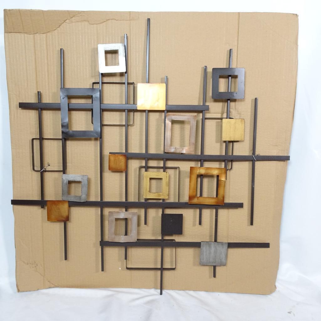 Large Mid Century Modern Metal Wall Sculpture 3D Geometric Abstract Art: Striking large abstract metal wall sculpture featuring a geometric grid design with mixed square elements in wood-tone and metallic finishes. This dimensional 3D wall art piece adds architectural