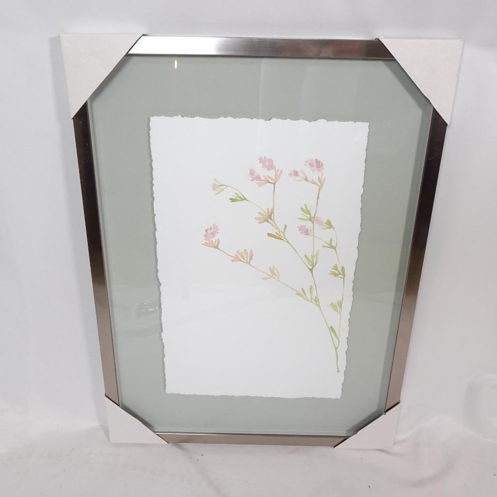 Large Framed Botanical Wall Art Print: Beautiful large framed botanical wall art featuring a delicate pastel floral design in soft pink and green tones. This piece has a clean, minimalist look with torn-edge style artwork mounted on