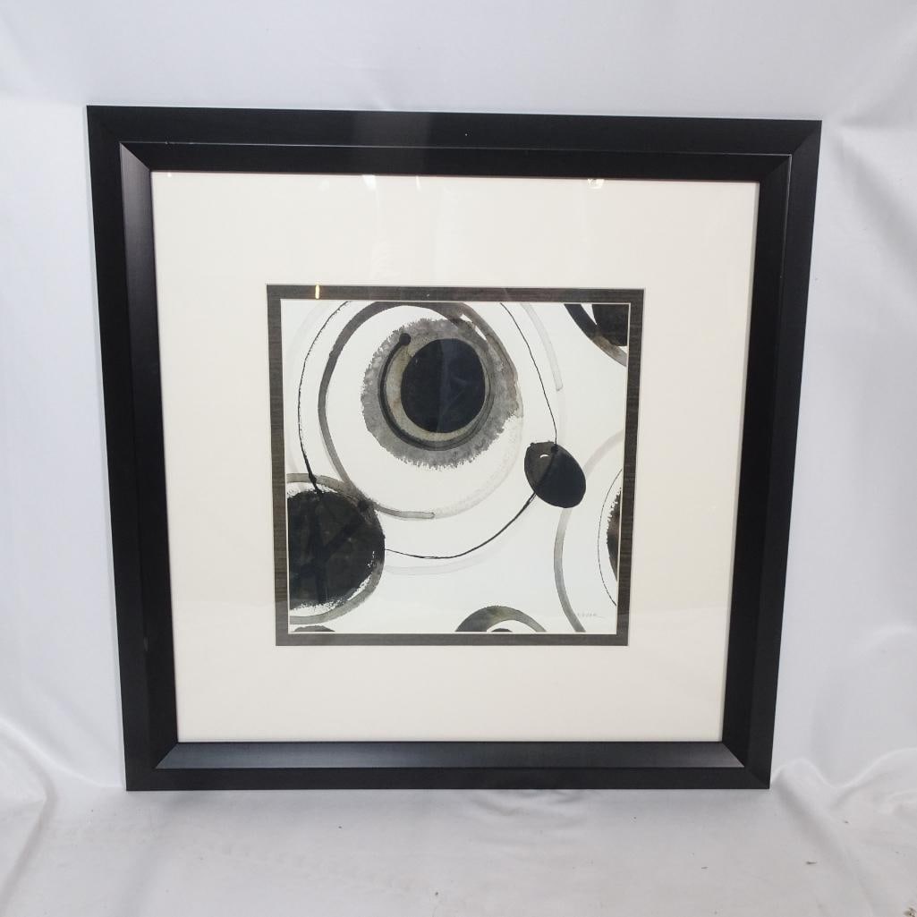 Made on Earth ?Planetary II? Framed Abstract Wall Art: Contemporary framed abstract wall art titled ?Planetary II? by Made on Earth. Features a modern circular abstract design in black, gray, and neutral tones. Professionally matted and framed in a sleek