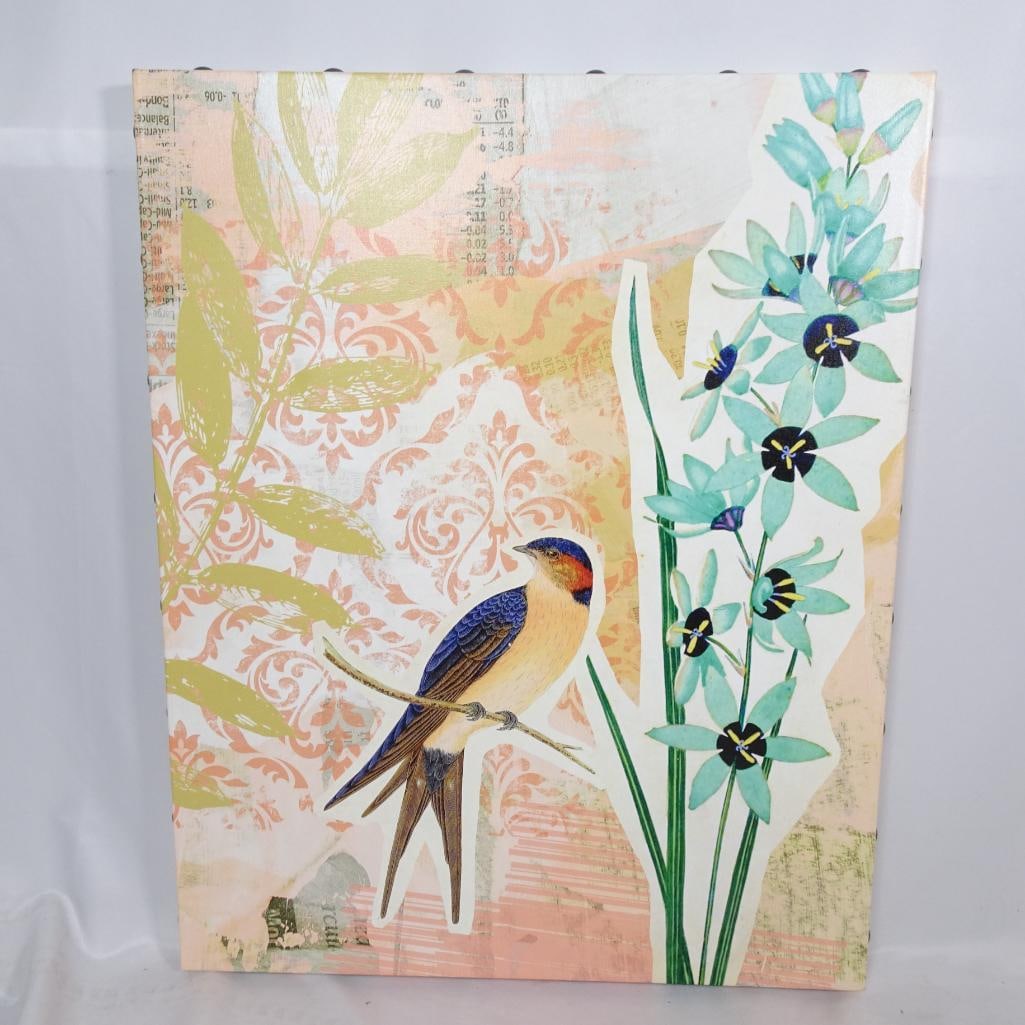 Large Botanical Bird Canvas Wall Art: Beautiful large botanical canvas featuring a vibrant bird perched among stylized florals in a layered collage design. Soft pastel tones of blush, sage green, teal, cream, and warm peach create a