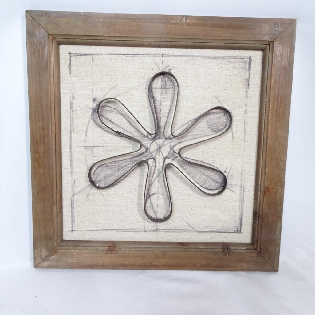 Rustic Framed Metal & Linen Wall Art: Beautiful rustic framed wall art featuring a dimensional metal floral design mounted over a linen-textured background. The piece combines: Solid wood frame with warm natural finish Hand-bent dark