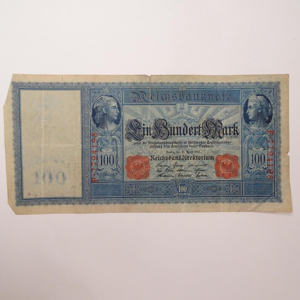 Germany - 100 Mark - 1908-1910:: This 1908-1910 100 Mark banknote from Germany is a beautiful example of pre-World War I currency, issued by the Reichsbank. It features intricate designs and elaborate allegorical figures, representin