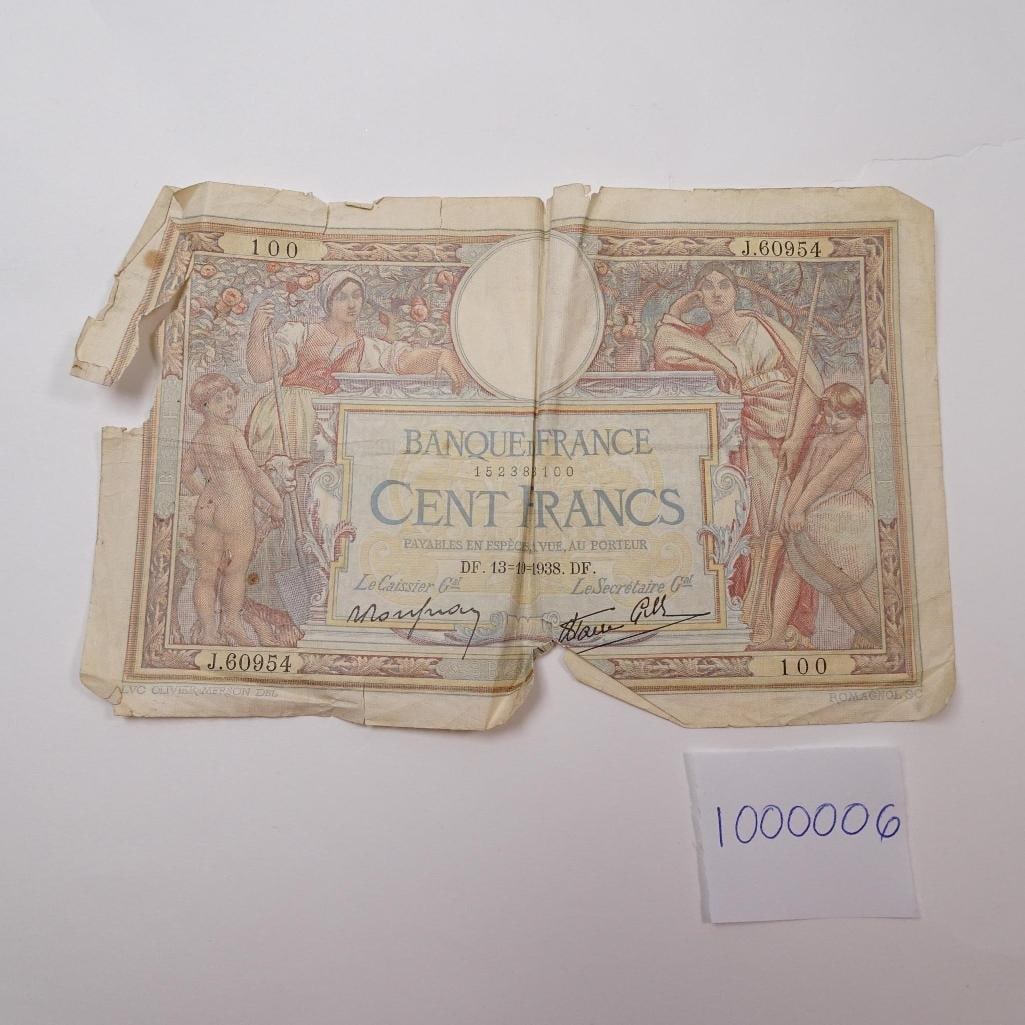 France 100 Francs Banknote,Luc Olivier Merson...: 1938:. Vintage 100 Francs banknote from France, dated 1938, featuring artwork by Luc Olivier Merson. A beautiful example of pre-WWII French currency, known for its intricate and classical design. Cond
