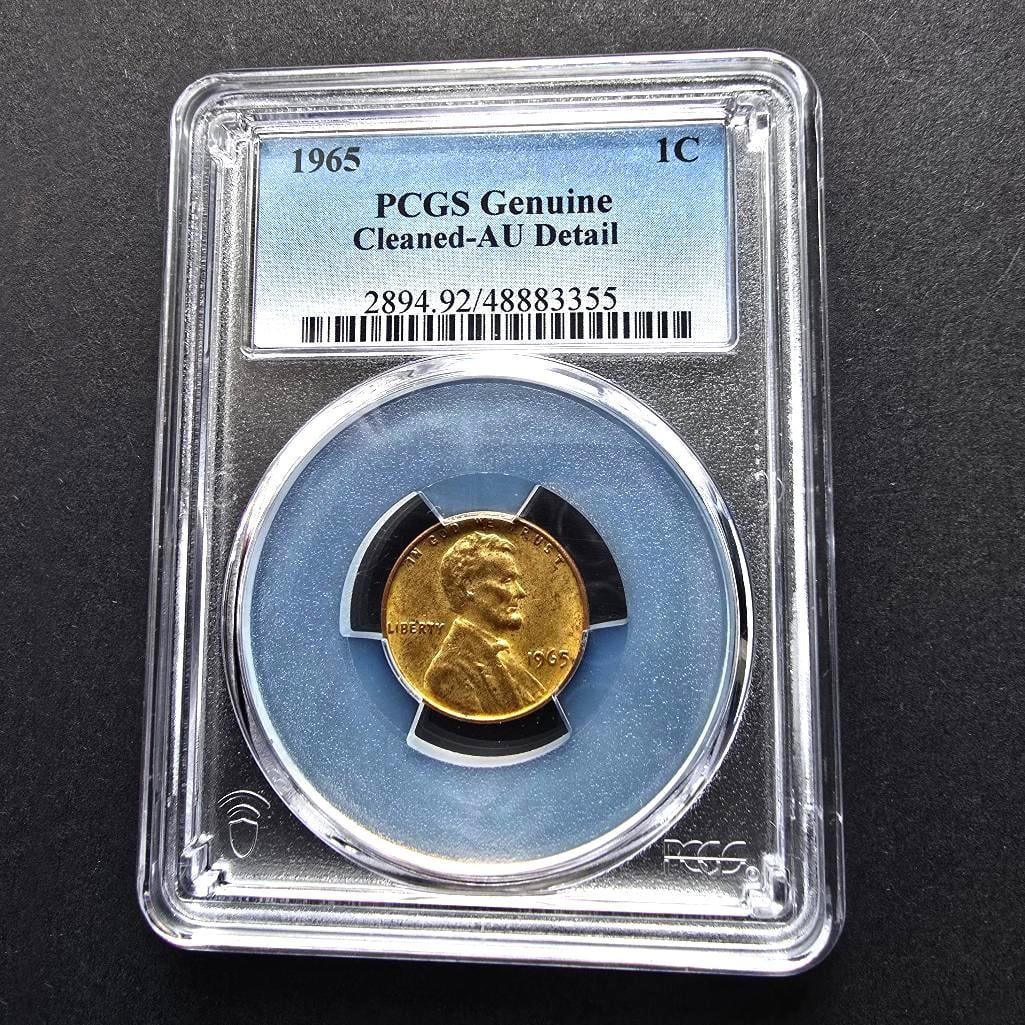 1965 Lincoln Cent - PCGS Genuine - Cleaned AU Detail - Brilliant Red Color: Description:Offered is a 1965 Lincoln Memorial Cent certified by PCGS as Genuine ?? Cleaned, AU Detail. This striking copper coin retains much of its original red luster, despite being noted as cleane