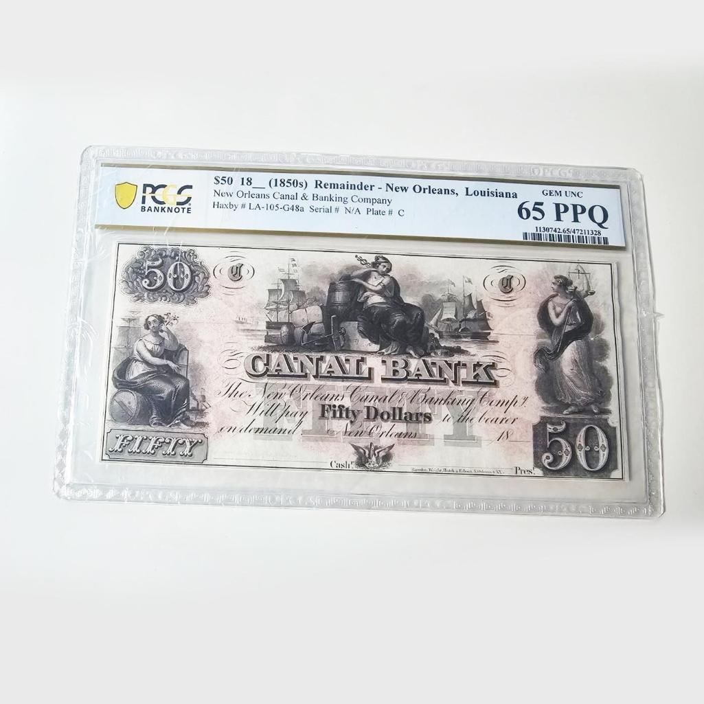 $50 Canal Bank New Orleans Louisiana Obsolete Note - PCGS 65PPQ Gem UNC - Remainder: Remainder PCGS 65 PPQ Gem UNC. Beautiful $50 remainder note from the Canal Bank of New Orleans, dated to the 1850s. This obsolete U.S. currency is graded PCGS 65 PPQ Gem Uncirculated and features elab