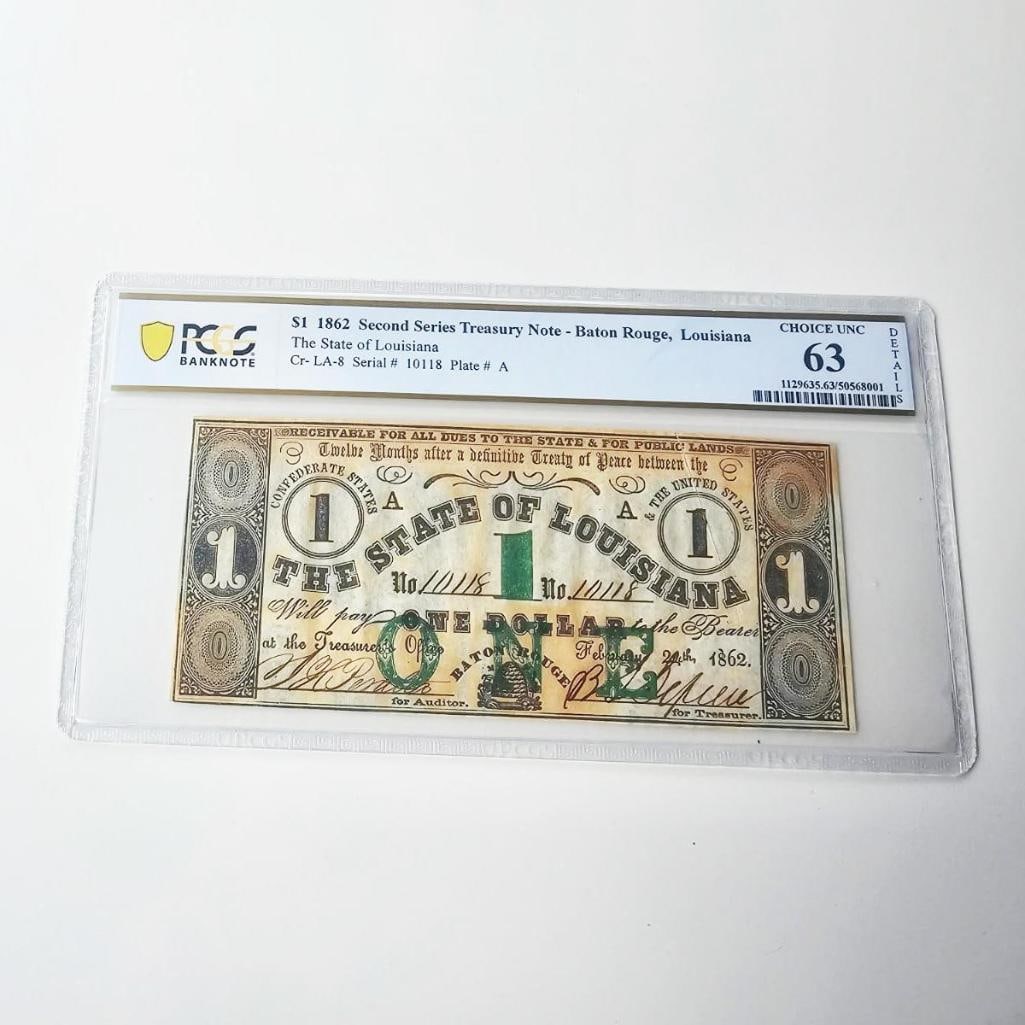 $1 1862 Second Series Treasury Note - Baton Rouge, LA - PCGS 63 (Choice UNC Details): $1 1862 Second Series Treasury Note - Baton Rouge, LA - PCGS 63 (Choice UNC Details) Era Baton Rouge PCGS 63 Choice UNC. Offered is a historic $1 Second Series Treasury Note issued by the State of Lou