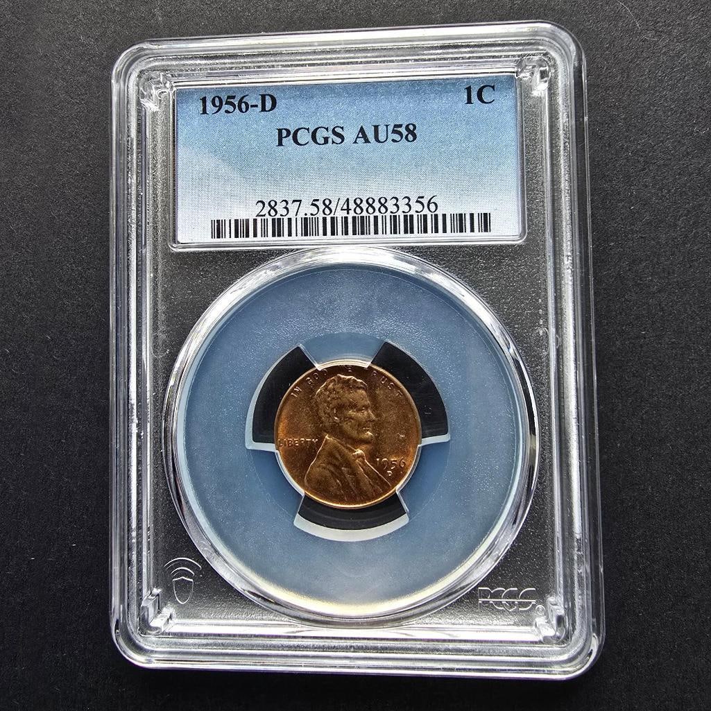 1956-D Lincoln Wheat Cent ?? PCGS AU58 (Choice About Uncirculated): Description:Offered here is a certified 1956-D Lincoln Wheat Cent graded AU58 by PCGS. This choice About Uncirculated coin features strong original detail with light wear on the high points and pleasi