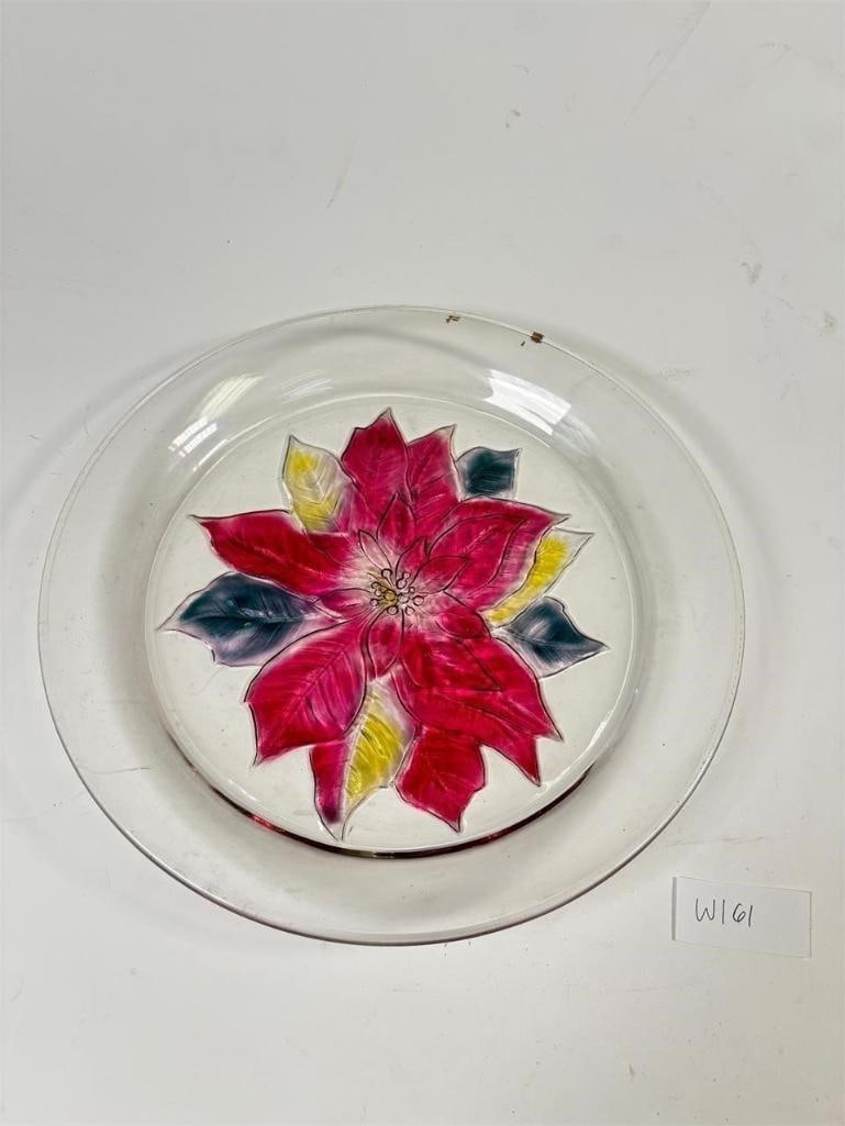 Vintage 14" Frosted Glass Holiday Platter with...: Red & Green Poinsettia Design - Christmas Serving. Description:Celebrate the holiday season with this charming 14-inch vintage frosted glass platter, adorned with a vibrant red and green poinsettia de