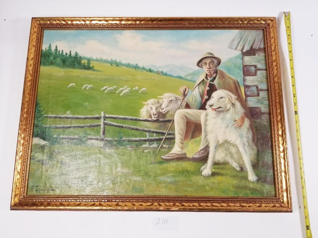 Painting Signed A. Zywicz ?? Authenticity Unconfirmed: This oil painting on canvas is signed A. Zywicz in the lower corner. It depicts a pastoral scene with a shepherd figure, a large white dog, and a rural landscape with sheep grazing in the background.