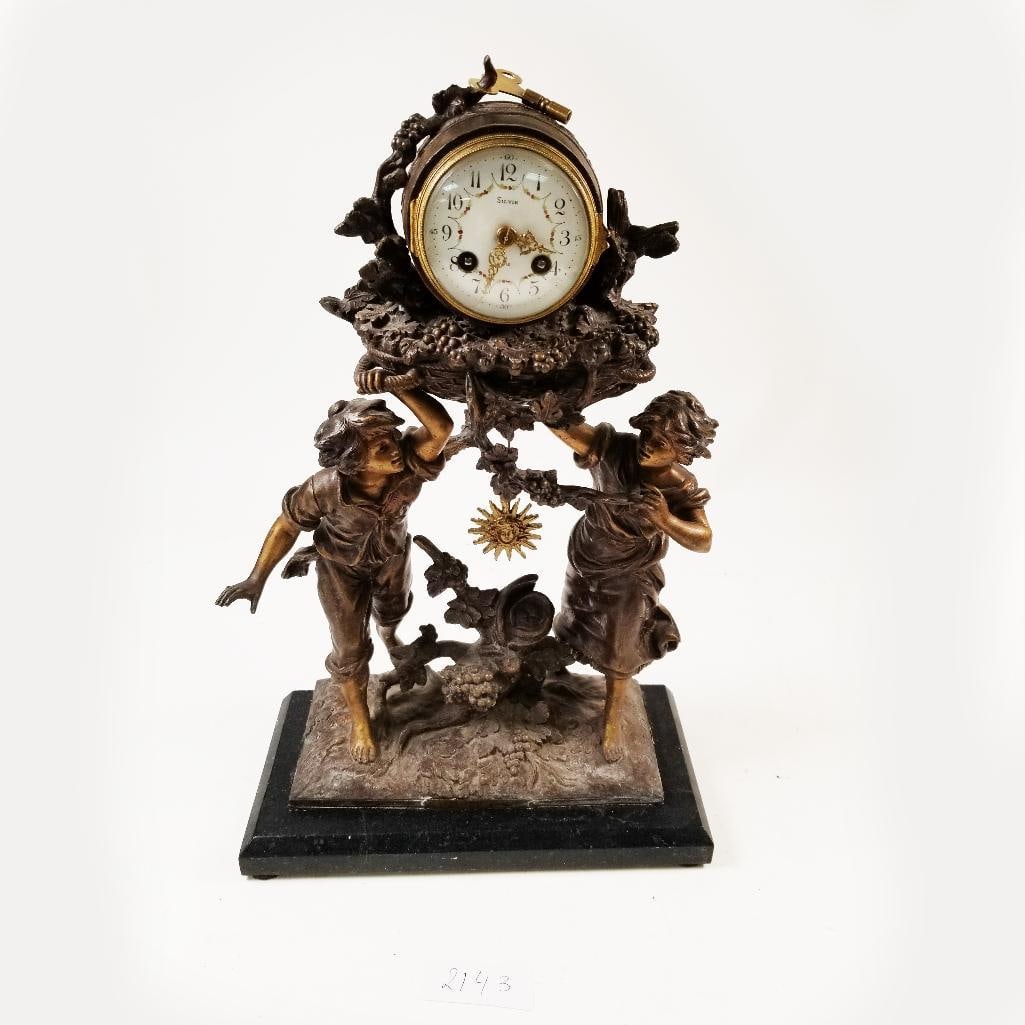 Antique L. & F. Moreau Figural Mantel Clock ??Les Vendanges? ?? Silvin Paris, Working: Description:Beautiful and rare antique figural mantel clock titled Les Vendanges? (The Grape Harvest), sculpted by the renowned French artists L. & F. Moreau (Louis & Hippolyte FranA?ois Moreau). This