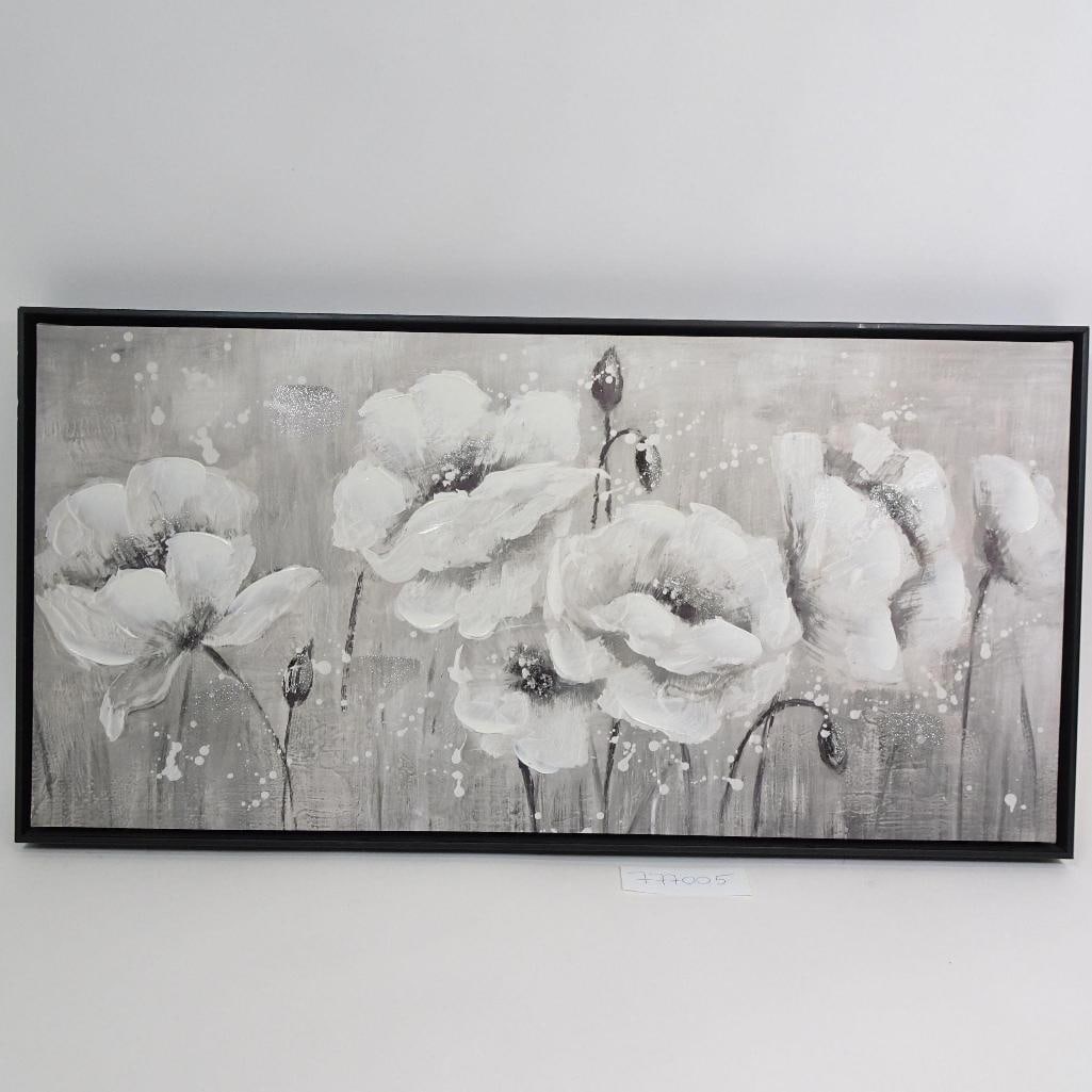 Large Framed Floral Wall Art: Elegant large-format decorative painting featuring white flowers set against a soft gray background. The neutral color palette and modern floral design make this piece a perfect addition to contempora