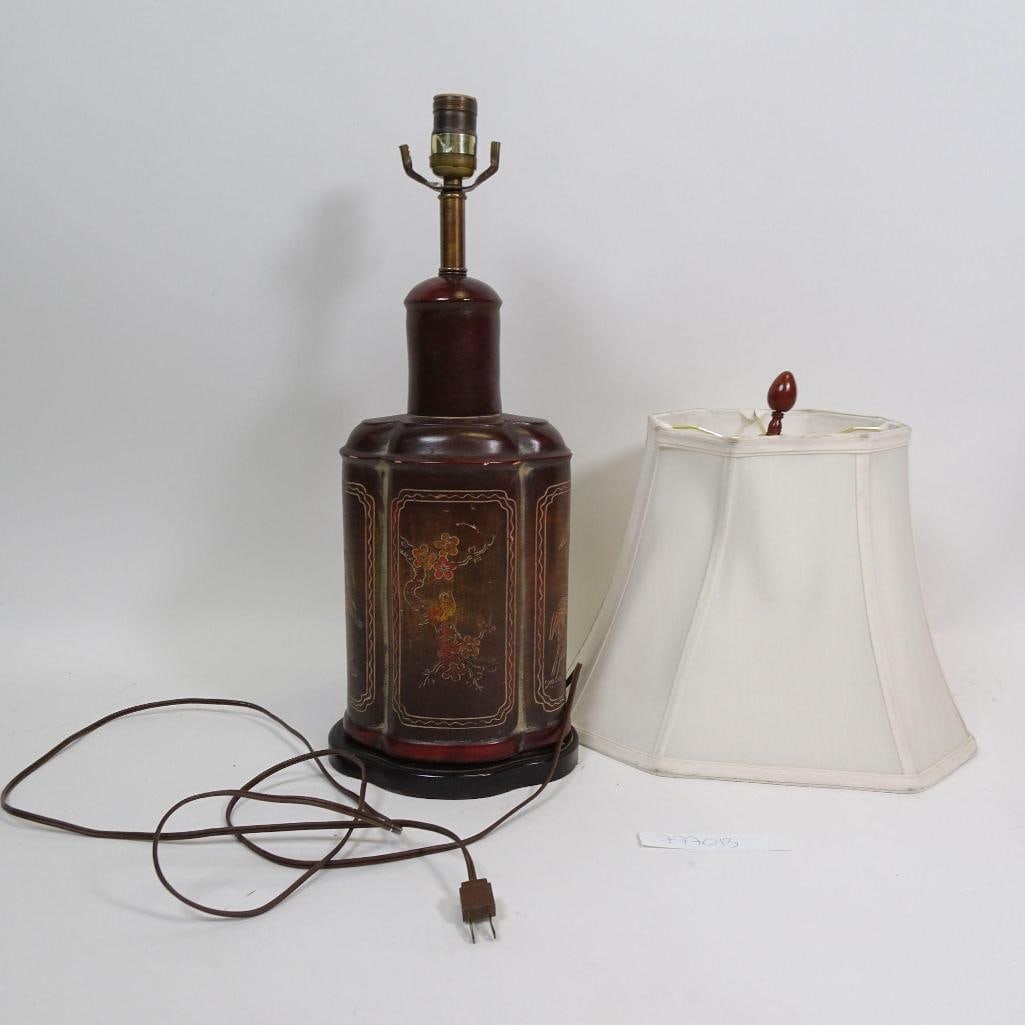 Vintage Asian-Style Table Lamp: This elegant vintage table lamp features an Asian-inspired design with hand-painted floral and bird motifs on multiple panel-style sections. The lamp body is finished in a deep reddish-brown lacquer-s