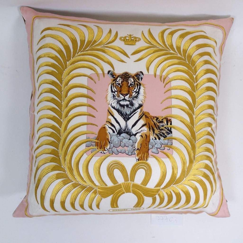 Hermes Paris Decorative Pillow: Original Hermes Paris decorative pillow featuring an iconic tiger motif with ornate gold detailing. Front made of printed silk, back finished in soft velvet fabric. Elegant, collectible luxury home de