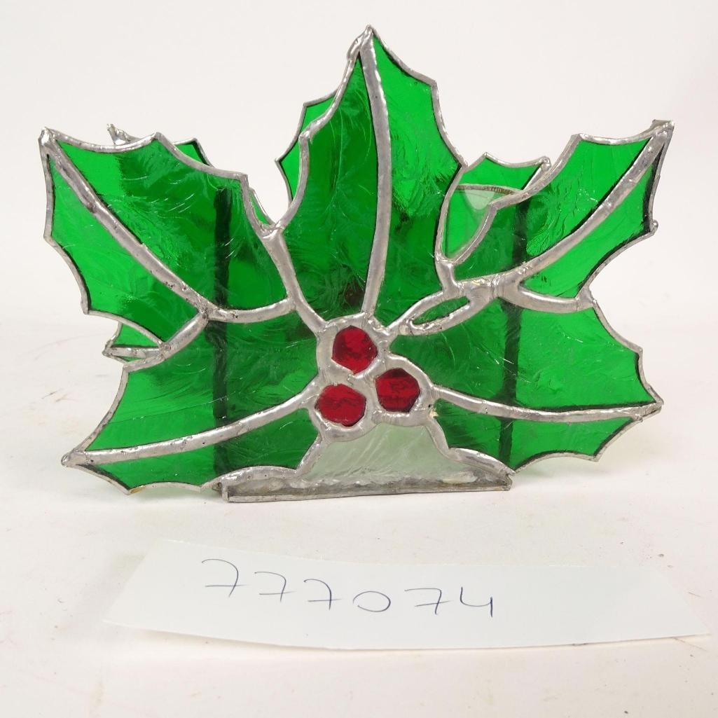Vintage Stained Glass Holly Leaf Candle Holder: Beautiful vintage stained glass candle holder featuring a classic holly leaf design in vibrant green glass with red berry accents. Handcrafted with leaded glass panels, this piece creates a warm and f