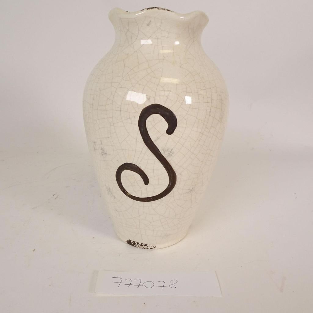 Vase with Letter "S": Decorative ceramic vase by Ashland - Spring Collection, featuring a classic crackle glaze finish and a bold raised letter "S" on the front. The vase has a soft off-white/ivory tone with intentional cr