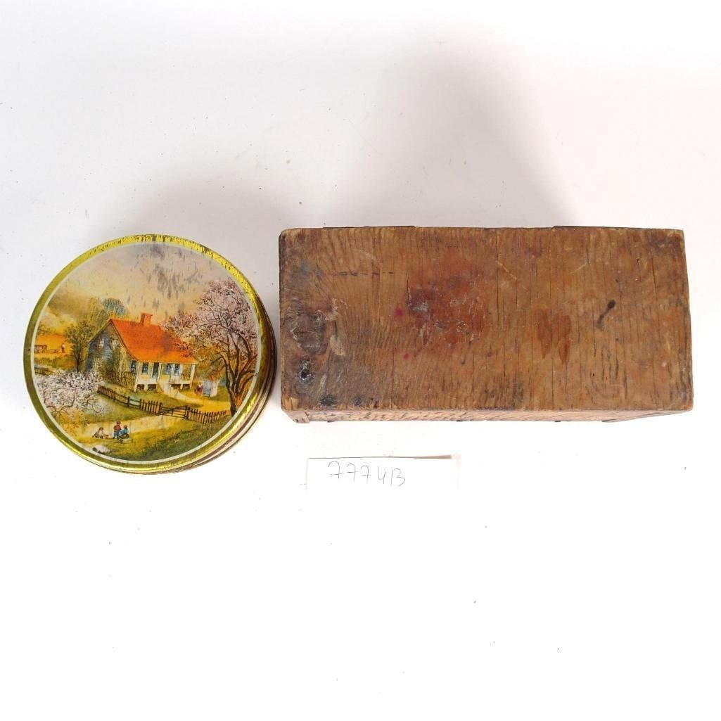 Vintage Wood Box & Swiss Colony Tin Lot: Vintage lot consisting of two items: - Wooden box / chest with original aged patina, sturdy construction, metal hinges. Visible wear consistent with age and use, adding authentic character. - Round de
