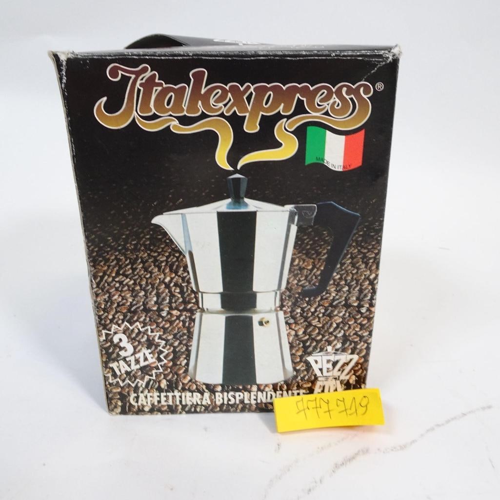 Italian Moka Coffee Maker Italexpress 3 Cup: This listing features a classic Italian moka coffee maker by Italexpress, designed for traditional stovetop espresso brewing. Perfect for brewing authentic Italian espresso on gas or electric