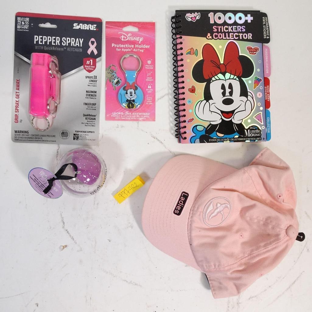 Accessory Lot: Offered as one lot, a fun and useful accessory bundle including. - Minnie Mouse - 1000+ Stickers & Collector - Disney Protective Holder for Apple AirTag - SABRE Pepper Spray with Quick Release