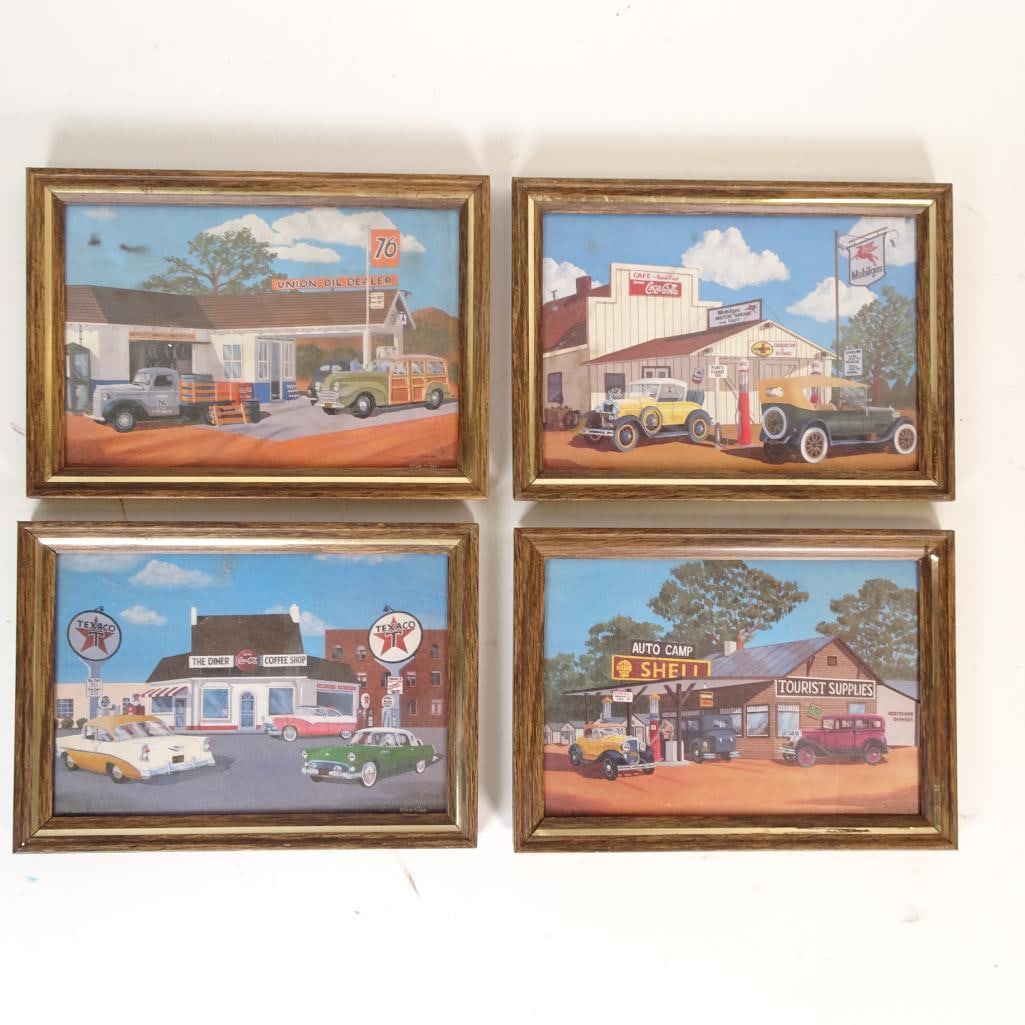 Stan Cline Set of 4 Framed Vintage Americana Gas Station Prints: Set of four framed vintage Americana prints by listed folk artist Stan Cline, depicting classic mid-century gas stations and roadside scenes including Texaco Diner, Shell Auto Camp, Union 76 and Mobil