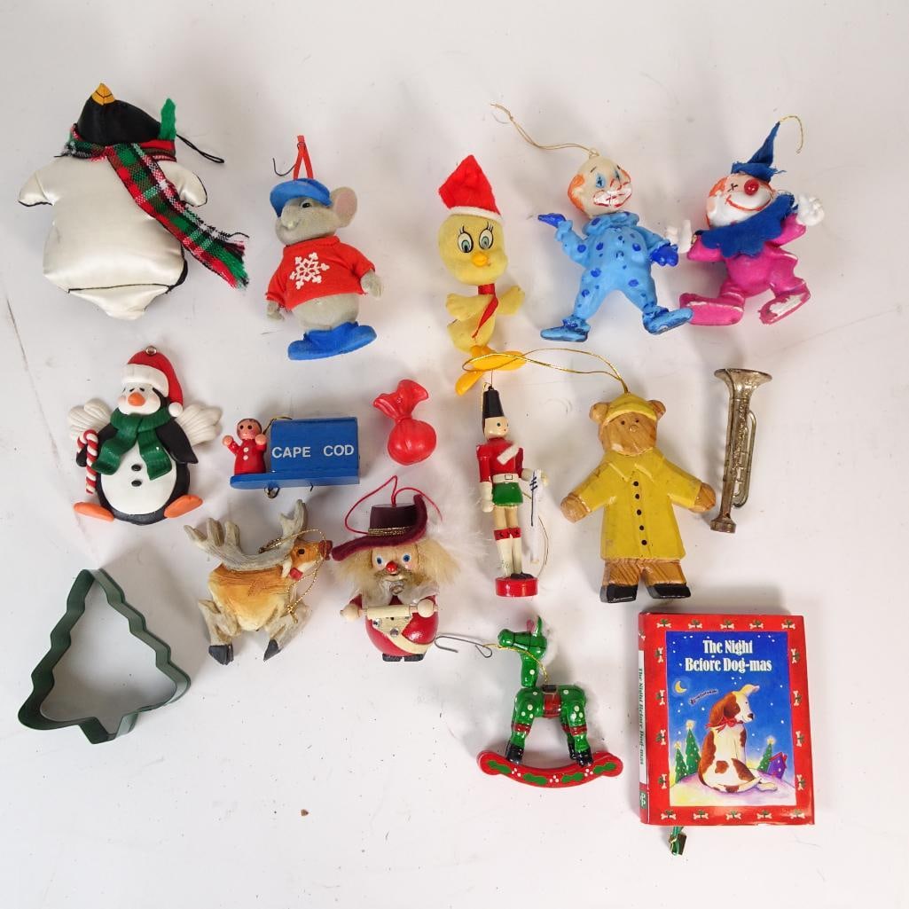 Large Mixed Vintage Christmas Ornament Lot: Charming mixed lot of vintage Christmas ornaments and holiday decorations from various decades. This collection includes a variety of materials and styles: plush ornaments, hand-carved wood figures, m