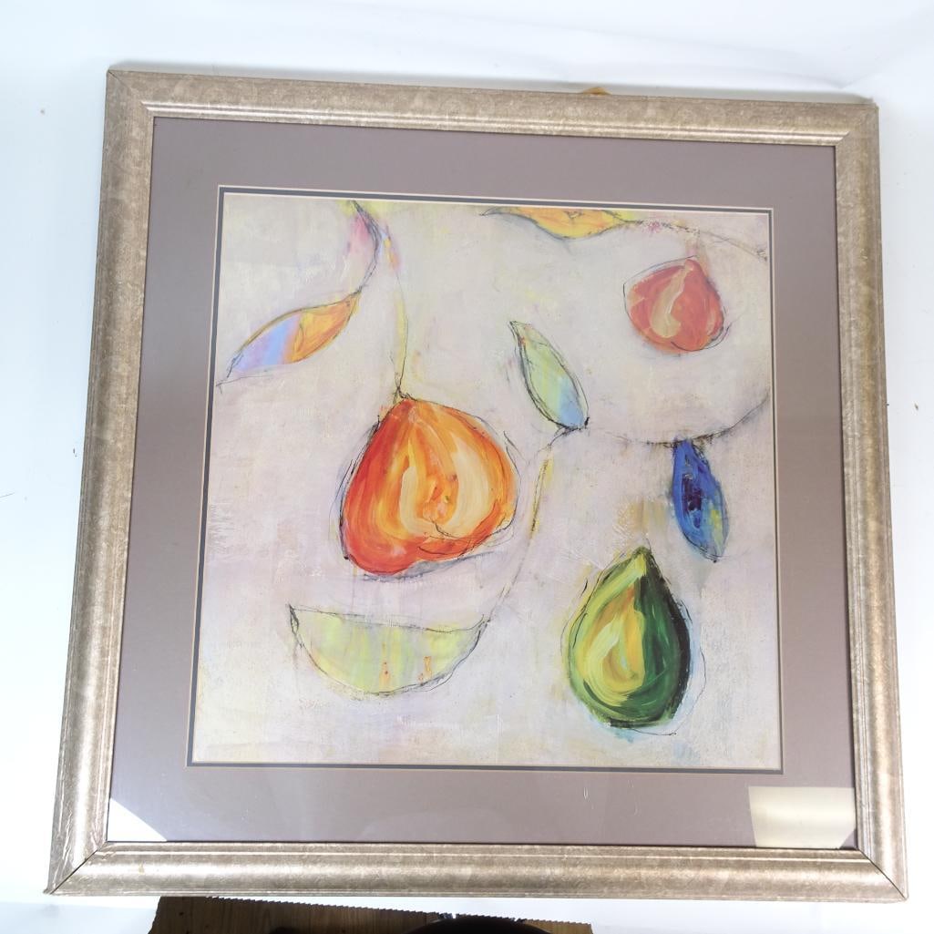 Tranquil I Large Framed Contemporary Abstract Print: Large contemporary artwork from the Tranquil series featuring abstract pear forms in soft pastel tones. Framed in a wide silver-wood frame with elegant matting. Back label reads: ?Tranquil I Pict? (CO