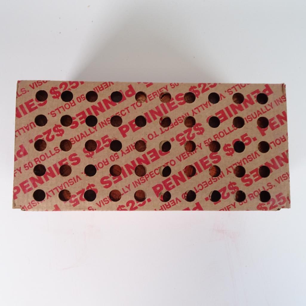 Sealed Bank Box of Lincoln Pennies: Original sealed bank box containing U.S. Lincoln pennies with a total face value of $25 (50 rolls). The box appears factory sealed and unsearched, exactly as received from the bank. Ideal for: coin co
