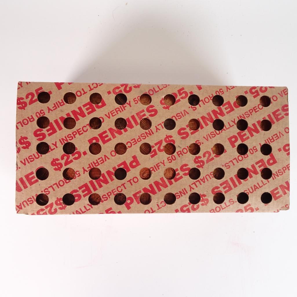 Sealed Bank Box of Lincoln Pennies: Original sealed bank box containing U.S. Lincoln pennies with a total face value of $25 (50 rolls). The box appears factory sealed and unsearched, exactly as received from the bank. Ideal for: coin co