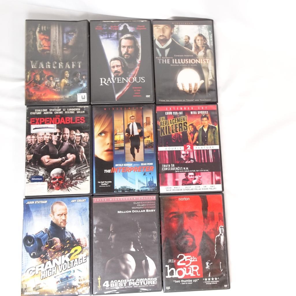 Lot of 9 DVDs - Warcraft, The Expendables, Crank 2, Million Dollar Baby + More: Lot of 9 DVD Movies - Action / Thriller / Drama Collection This auction includes a bundle of 9 DVD movies featuring action, thriller, drama, and adventure titles. Great collection for movie fans or an
