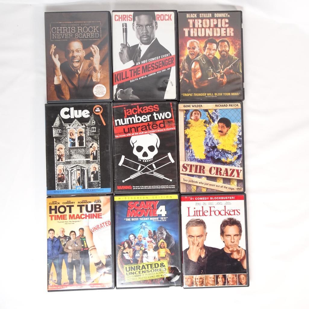 Lot of 9 Comedy DVDs - Tropic Thunder, Jackass Number Two, Scary Movie 4 + More: Lot of 9 DVD Movies - Comedy Collection This auction includes a bundle of 9 comedy DVDs featuring popular comedy films and stand-up specials. ? Condition: Pre-owned DVDs in original cases. Cases may s