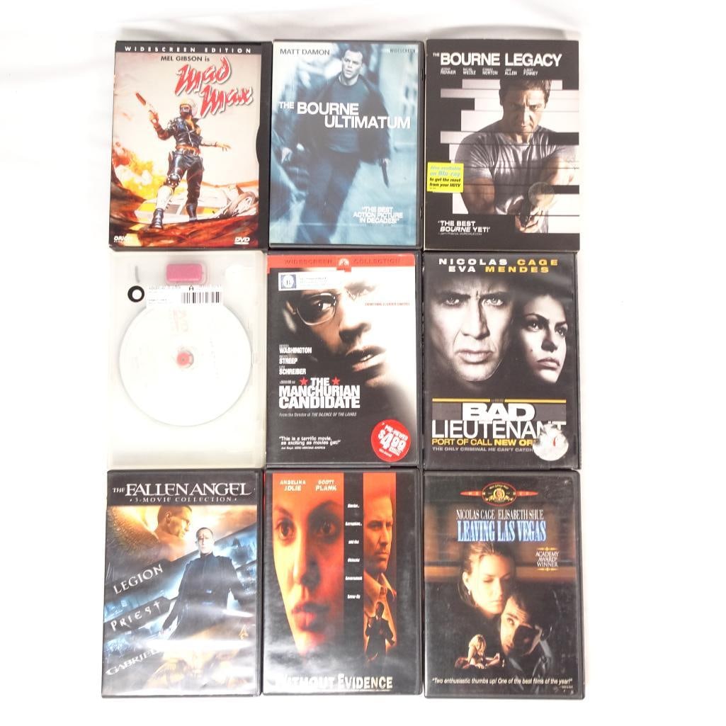 Lot of 9 DVDs - Mad Max, Bourne Ultimatum, Leaving Las Vegas + More: Lot of 9 DVD Movies - Action / Thriller / Drama Collection This auction includes a bundle of 9 DVD movies featuring action films, thrillers, and award-winning dramas. ? Condition: Pre-owned DVDs in or