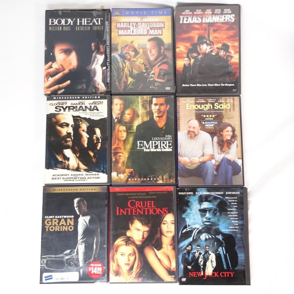 Lot of 9 DVDs - Gran Torino, Cruel Intentions, New Jack City + More: Lot of 9 DVD Movies - Crime / Drama Collection This auction includes a bundle of 9 DVD movies featuring crime films, dramas, and action titles. ? Condition: Pre-owned DVDs in original cases. Some case
