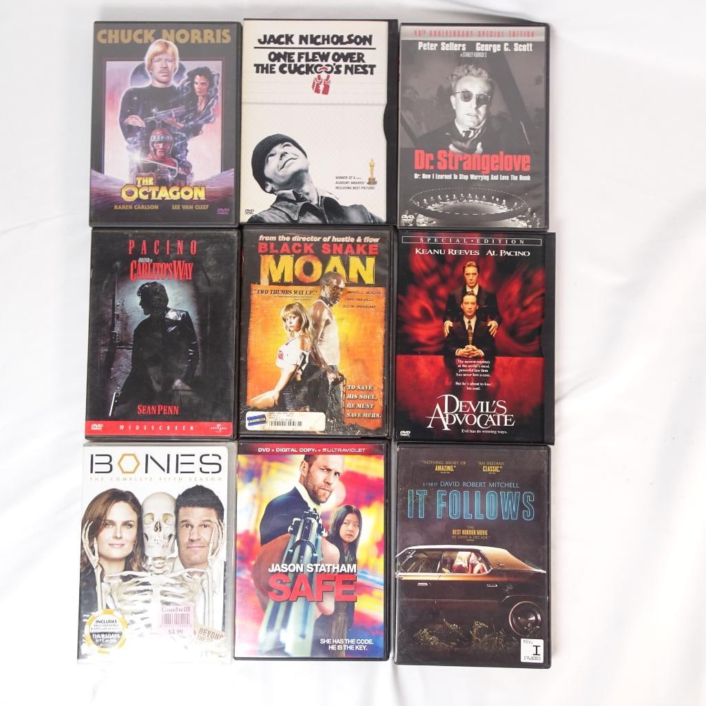 Lot of 9 DVDs - One Flew Over the Cuckoo?s Nest, Dr Strangelove, Carlito?s Way, Devil?s Advocate: Lot of 9 DVD movies featuring a mix of classic films, drama, thriller, and action titles. Great bundle for movie collectors or anyone looking to expand their DVD collection. All DVDs come in their ori