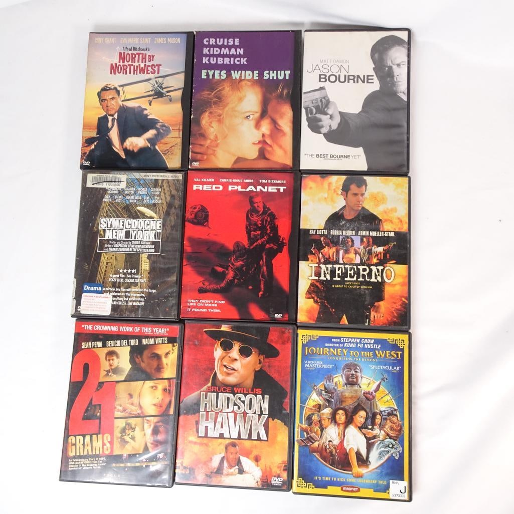 Lot of 9 DVDs - North by Northwest, Eyes Wide Shut, Jason Bourne, 21 Grams: Lot of 9 DVD movies featuring a mix of classic cinema, drama, action, and thriller titles. A great bundle for movie collectors or fans of critically acclaimed films. All DVDs come in their original ca