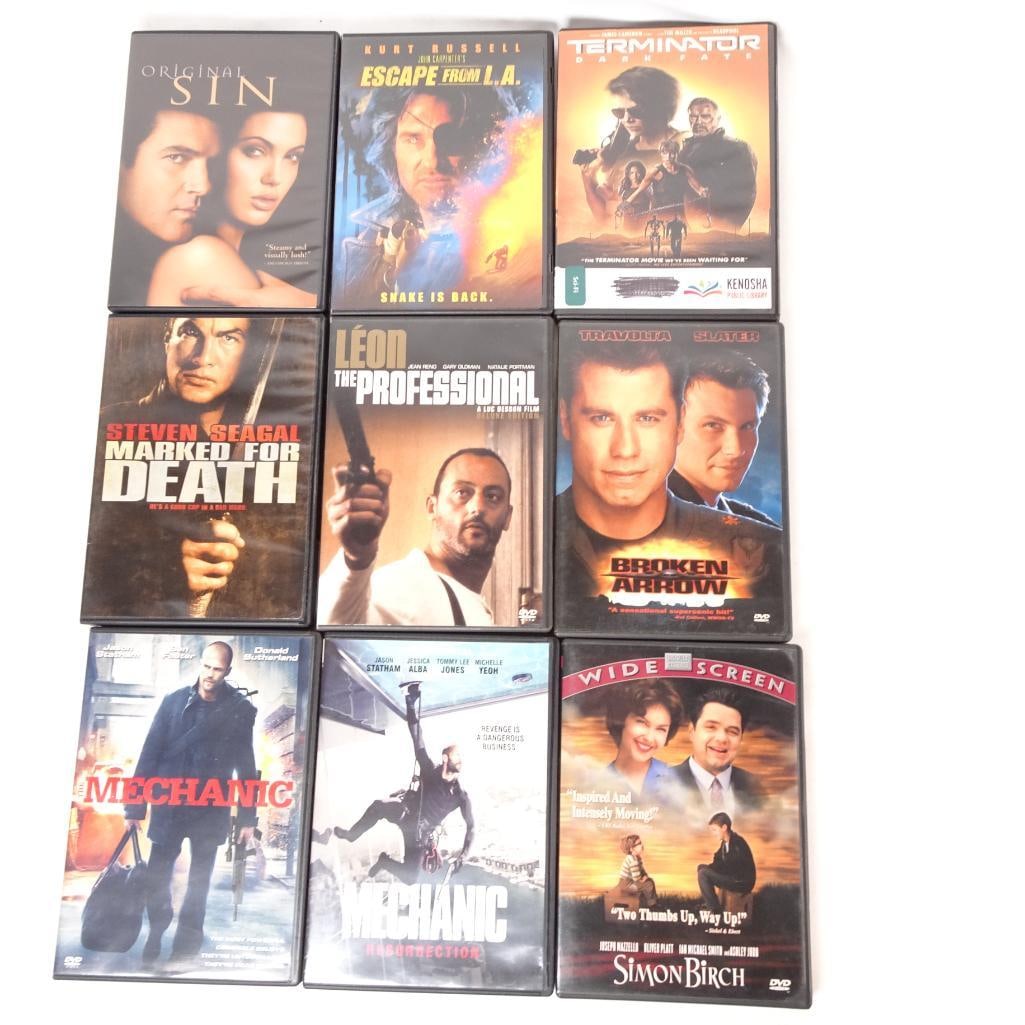 Lot of 9 Action DVDs - Terminator Dark Fate, Leon The Professional, Broken Arrow: Lot of 9 DVD movies featuring a mix of action, thriller, and drama titles. Great bundle for movie collectors or fans of classic and modern action films. All DVDs come in their original cases. Pre-owne