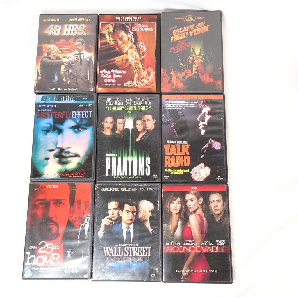 Lot of 9 DVDs - Escape from New York, 48 Hrs., Wall Street, Butterfly Effect: Lot of 9 DVD movies featuring a mix of action, thriller, and drama titles including several well-known films and cult favorites. Great bundle for movie collectors or fans of classic and modern cinema.