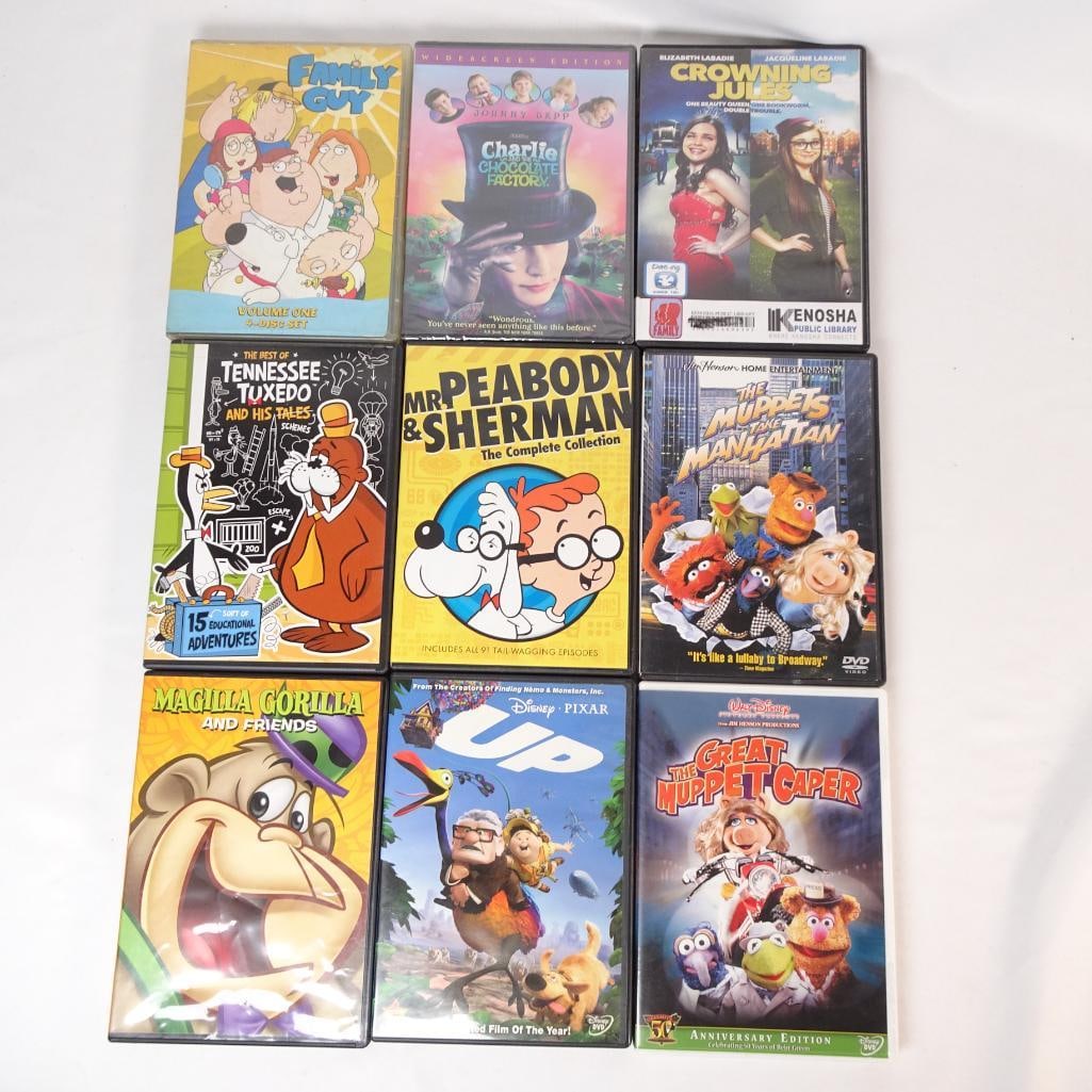 Lot of 9 Family DVDs - Disney Pixar UP, Family Guy, Muppets, Charlie & Chocolate: Lot of 9 DVD movies and animated titles featuring family films, classic cartoons, and popular favorites. Great bundle for families, collectors, or fans of animated and comedy movies. All DVDs come in