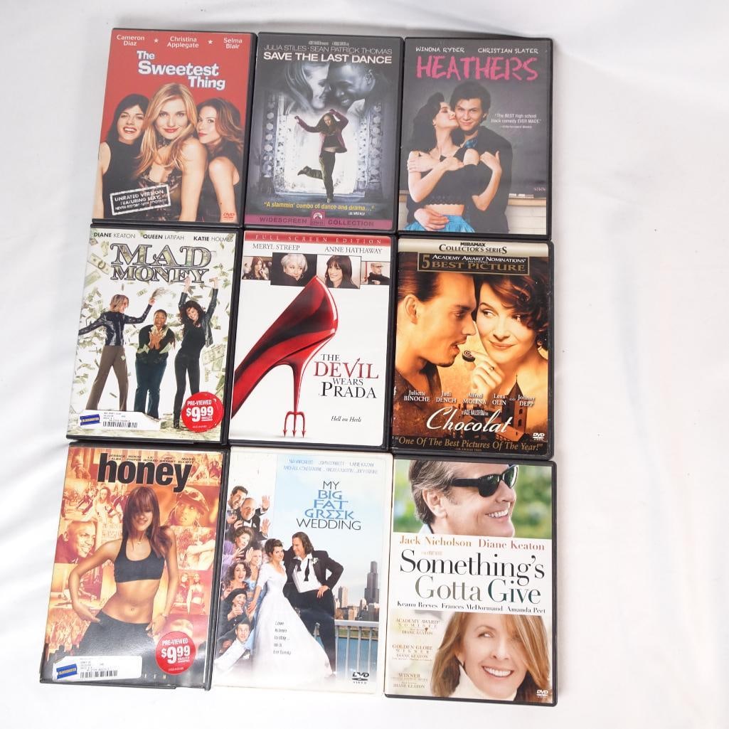 Lot of 9 DVDs - Devil Wears Prada, My Big Fat Greek Wedding, Heathers: Lot of 9 DVD movies featuring a mix of romantic comedies, drama, and popular favorites. Great bundle for movie collectors or anyone who enjoys classic and modern feel-good films. All DVDs come in thei